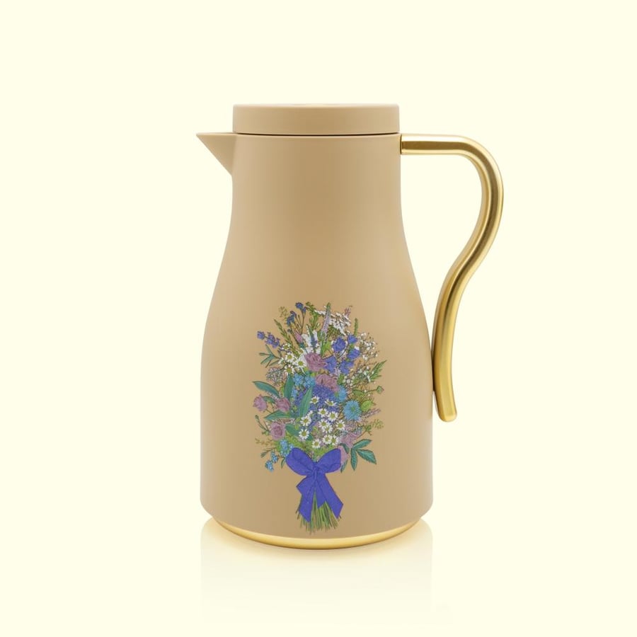 Golden thermos with beige floral pattern 1 liter with print
