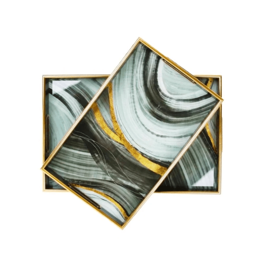 طقم صحون تقديم زجاج بأطراف خشب 2حبة مستطيل