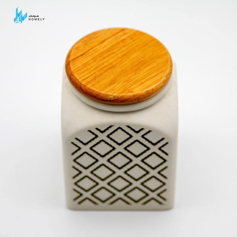 علبة بهارات بورسلان مربعة صغير مع غطاء خشب اللون أخضر فاتح