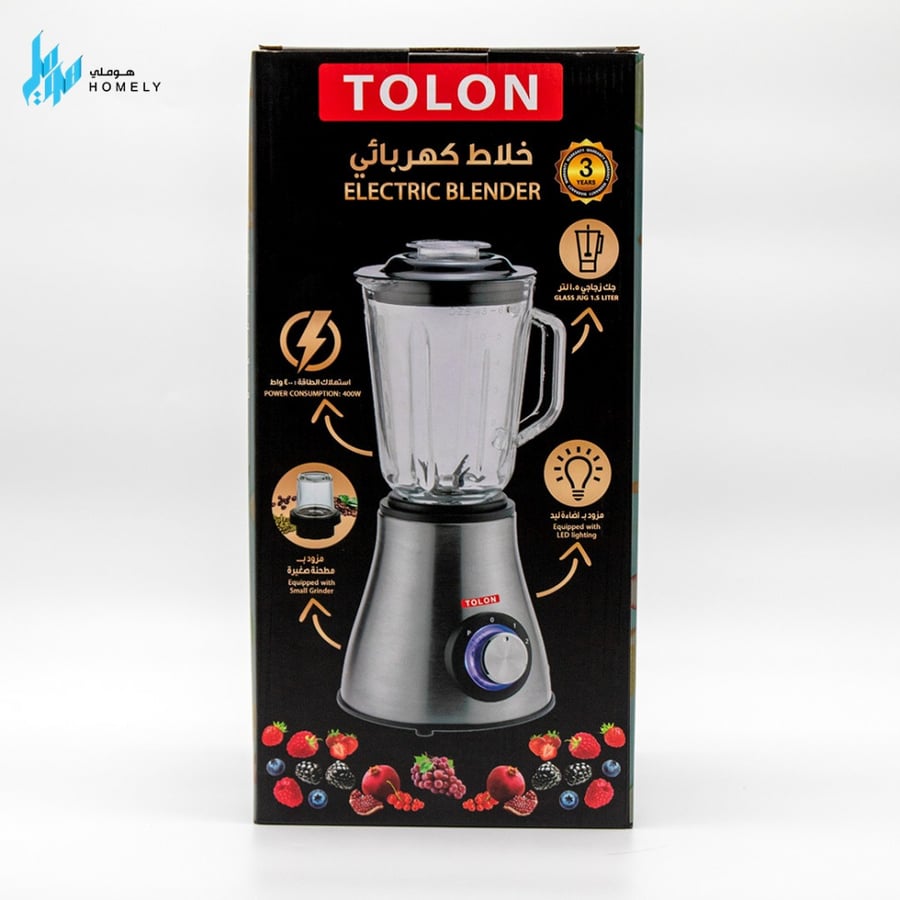 خلاط TOLON بلمبة سرعتين 400 واط جك زجاج مع مطحنة