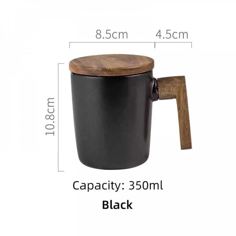 كوب قهوة بورسلان 350ml يد خشبية وغطاء خشبي اسود