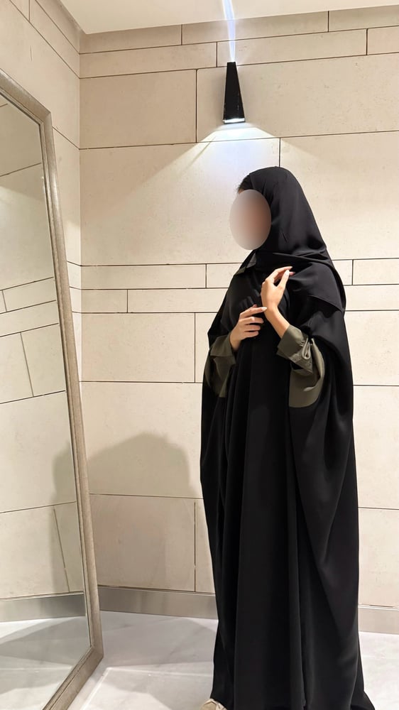 Black abaya with Olive Green circles cuffs