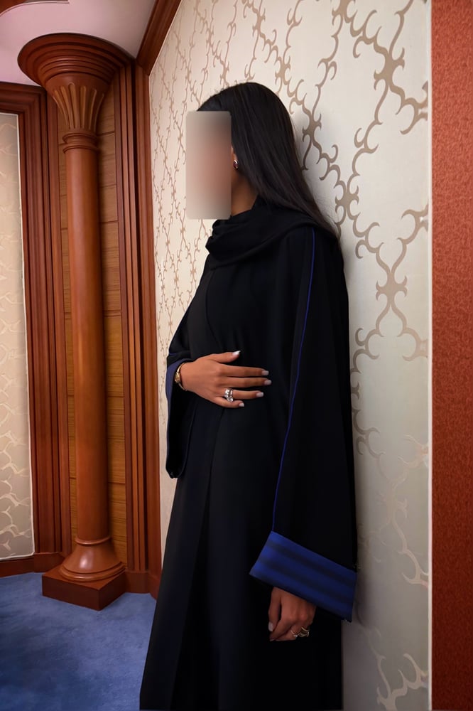 A-Line — Black Crepe with Shades of Blue Sleeve Hems