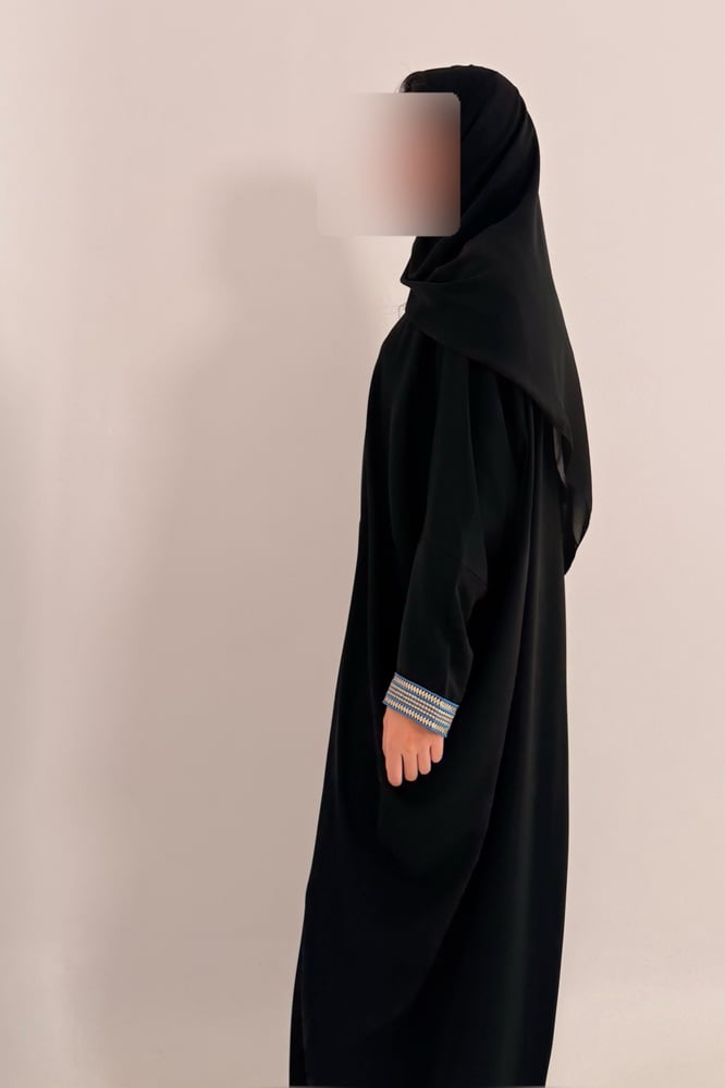Half Bisht – Black Abaya with Silver and Sky-Blue Zari Trim