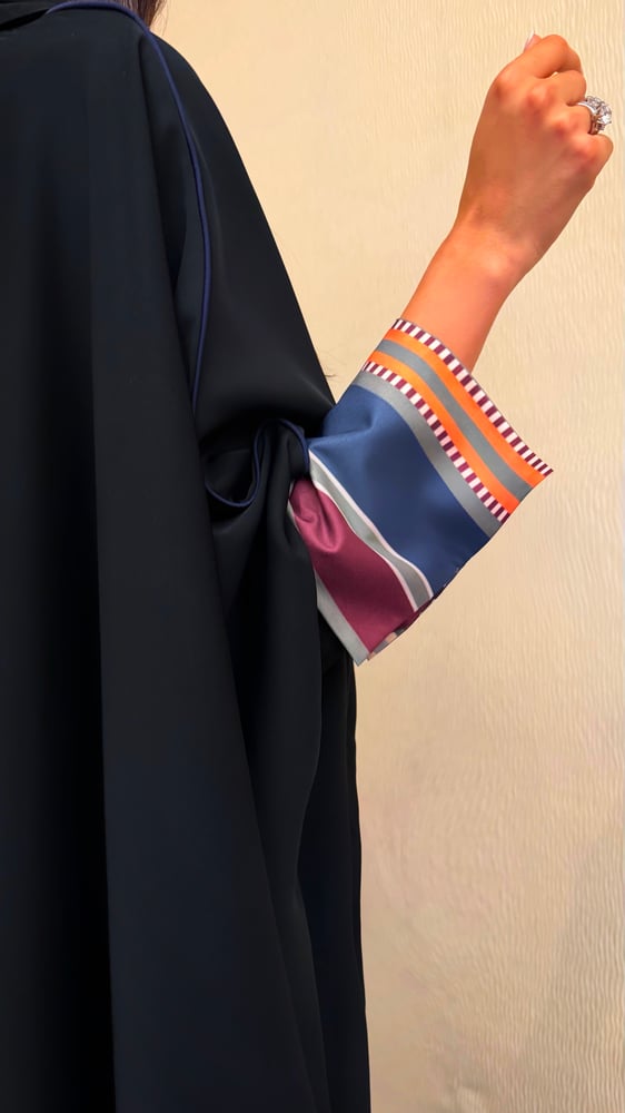 Half Bisht — Black Crepe with Multi-Color Satin Sleeves