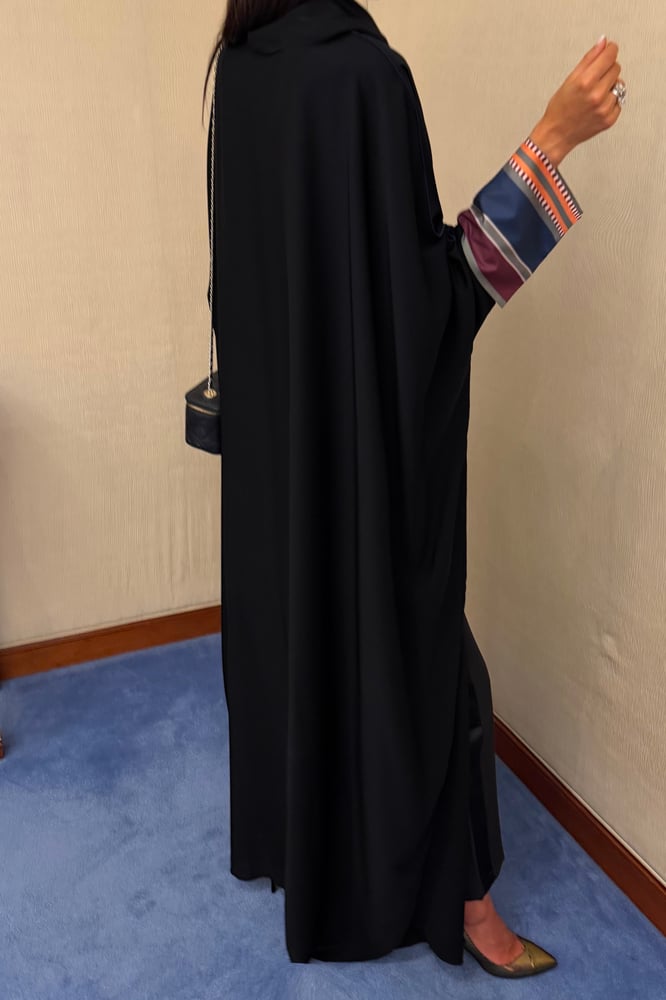 Half Bisht — Black Crepe with Multi-Color Satin Sleeves