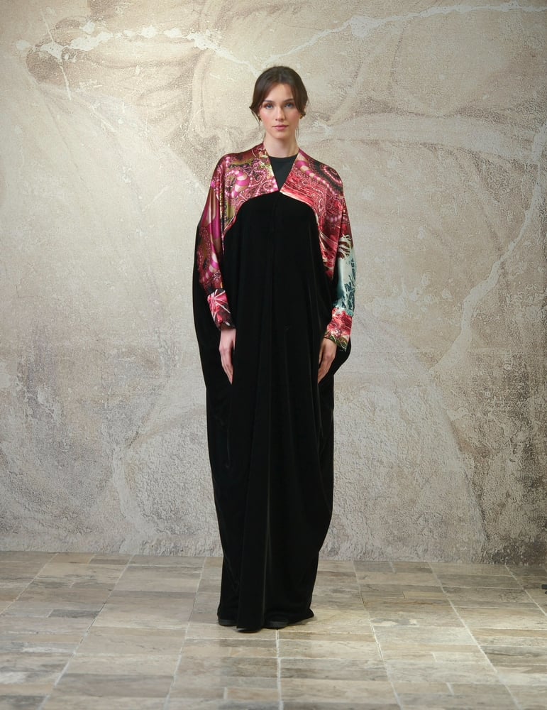 Bisht — Black Velvet with Pure Black Silk and Swirling Patterns