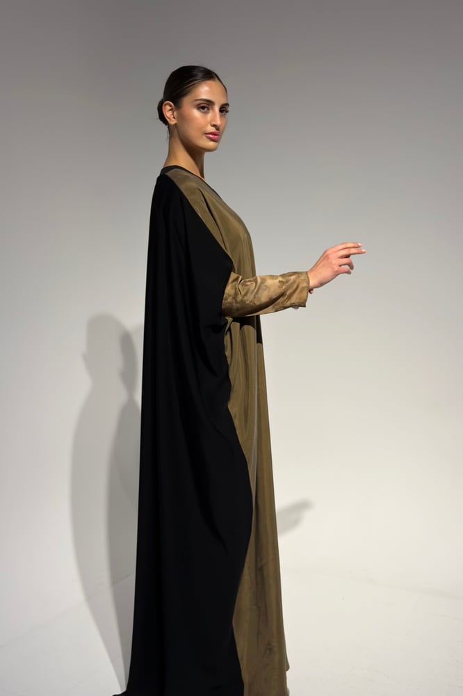 Half Bisht – Washed Japanese Silk in Olive Antique Gold with Black Crepe