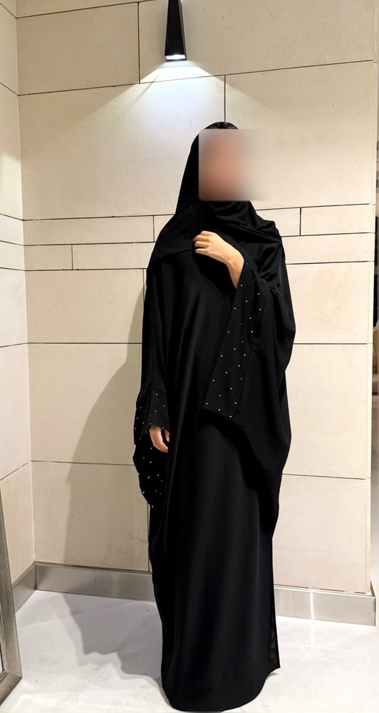 Black Bisht with Extra-Wide Sleeves and Crystal Accents