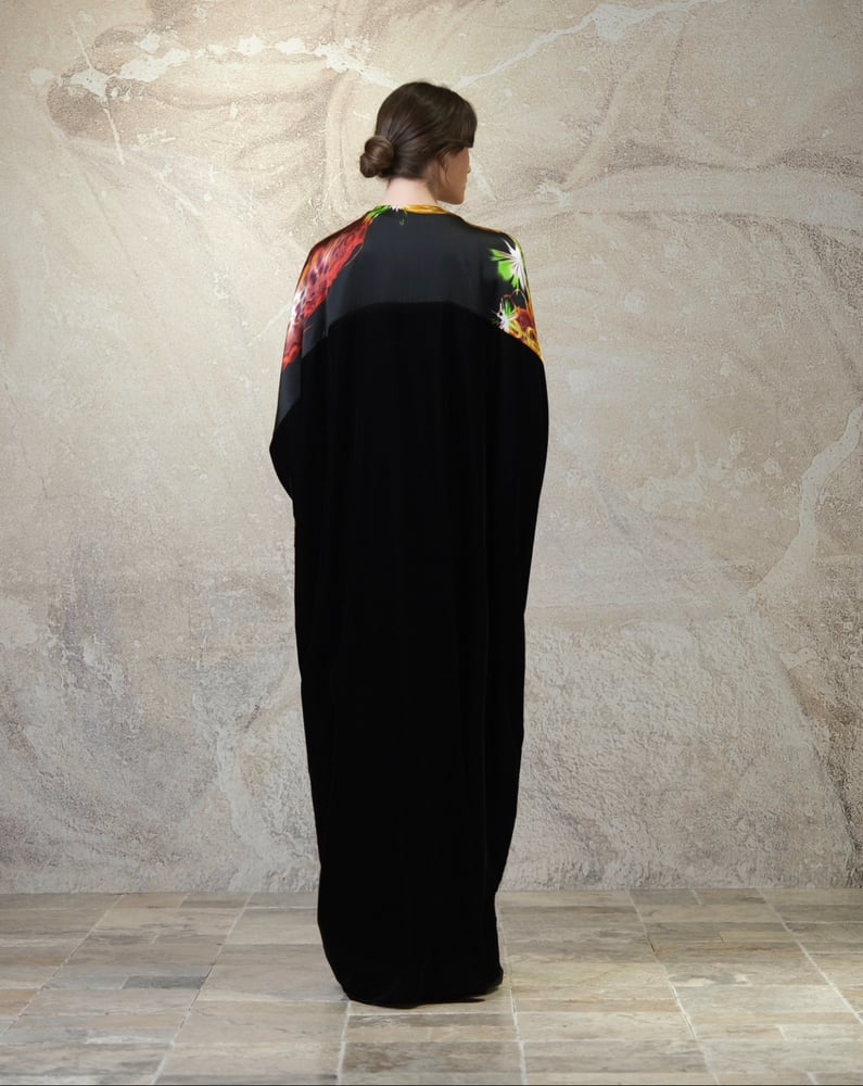 Bisht Black Velvet with Pure Black Golden Ring Prints Silk