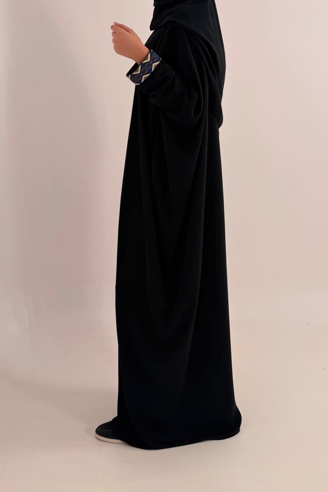 Half Bisht – Black Abaya with Multicolor Geometric Sleeve Detail