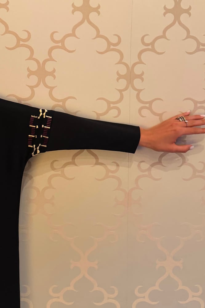 Half Bisht – Black with Stretch Sleeves & Burgundy Gold Zari