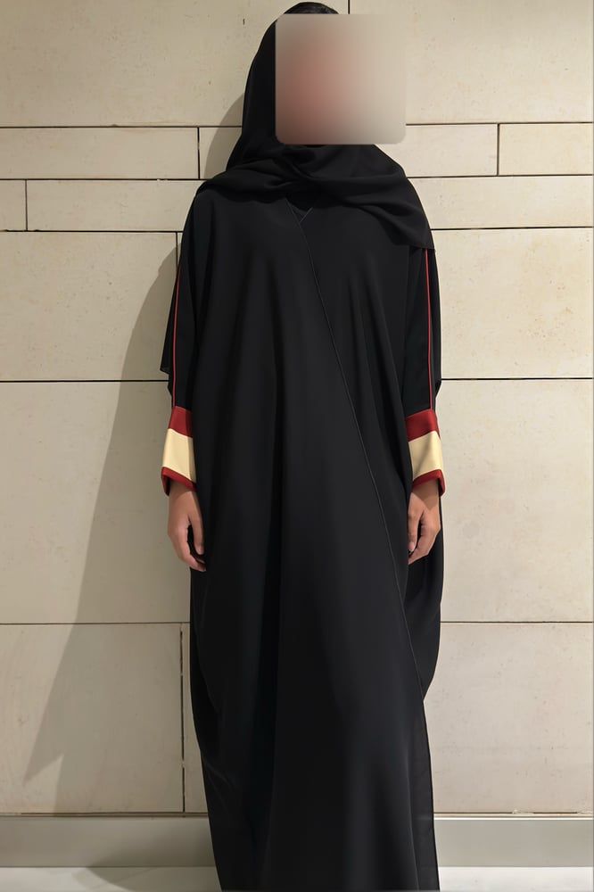 Half Bisht — Black Crepe with Deep Red and Butter Yellow