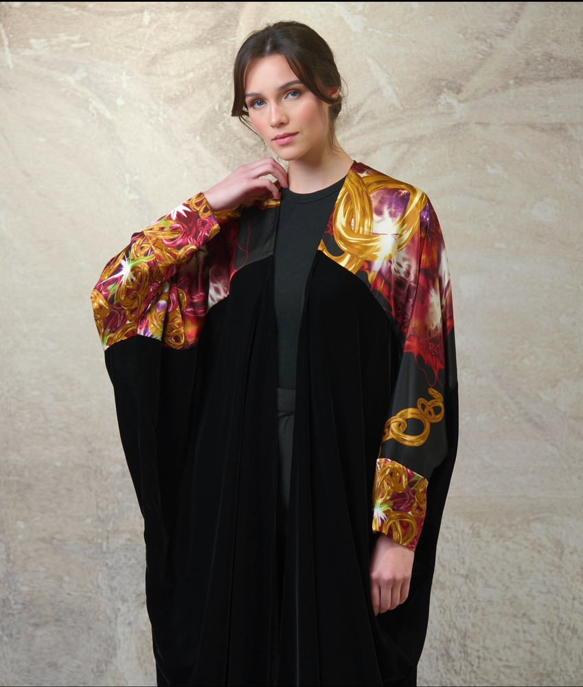 Bisht Black Velvet with Pure Black Golden Ring Prints Silk
