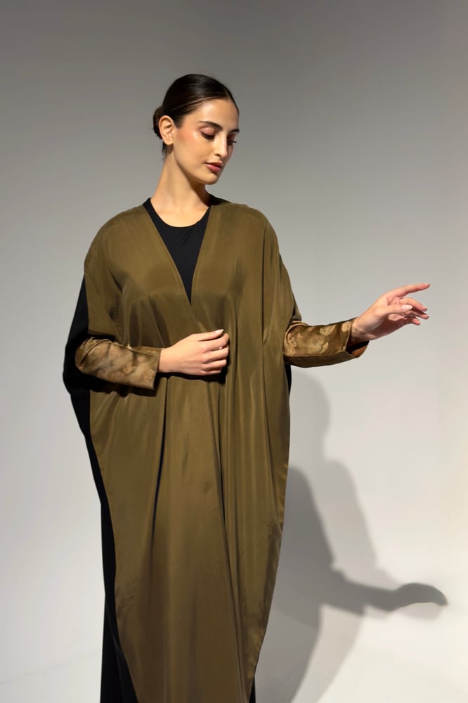 Half Bisht – Washed Japanese Silk in Olive Antique Gold with Black Crepe