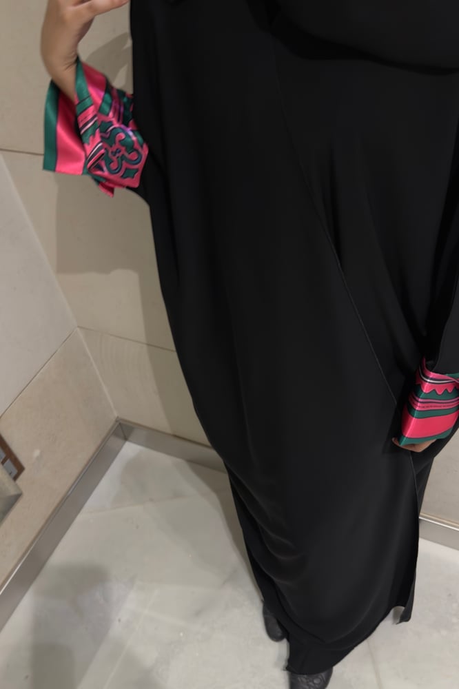 Half Bisht — Black Crepe with Fuchsia & Green Satin Sleeves