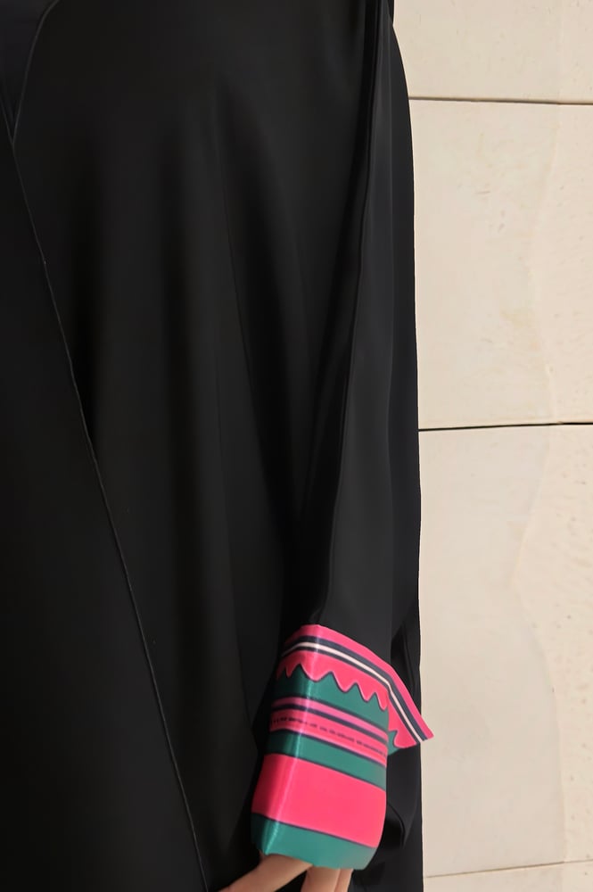 Half Bisht — Black Crepe with Fuchsia & Green Satin Sleeves