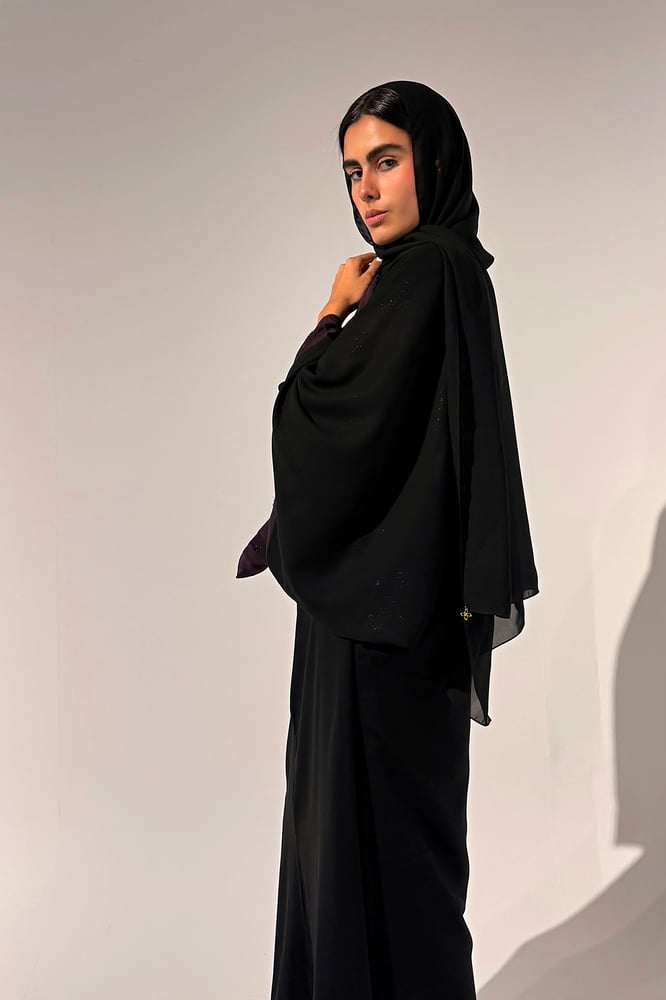 Half Bisht — Black Chiffon with Purple Zari Lining
