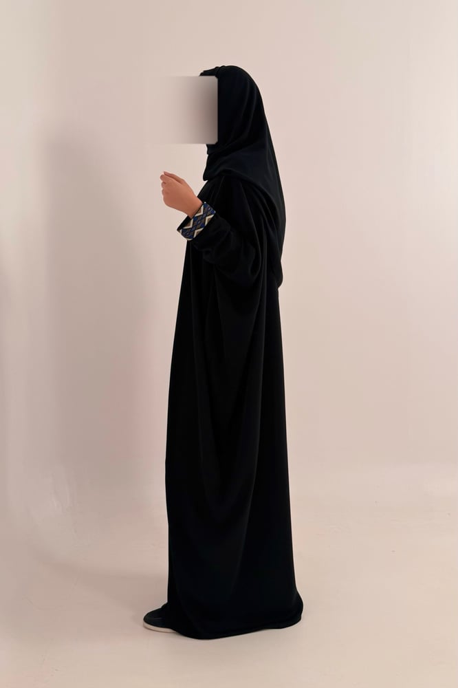 Half Bisht – Black Abaya with Multicolor Geometric Sleeve Detail