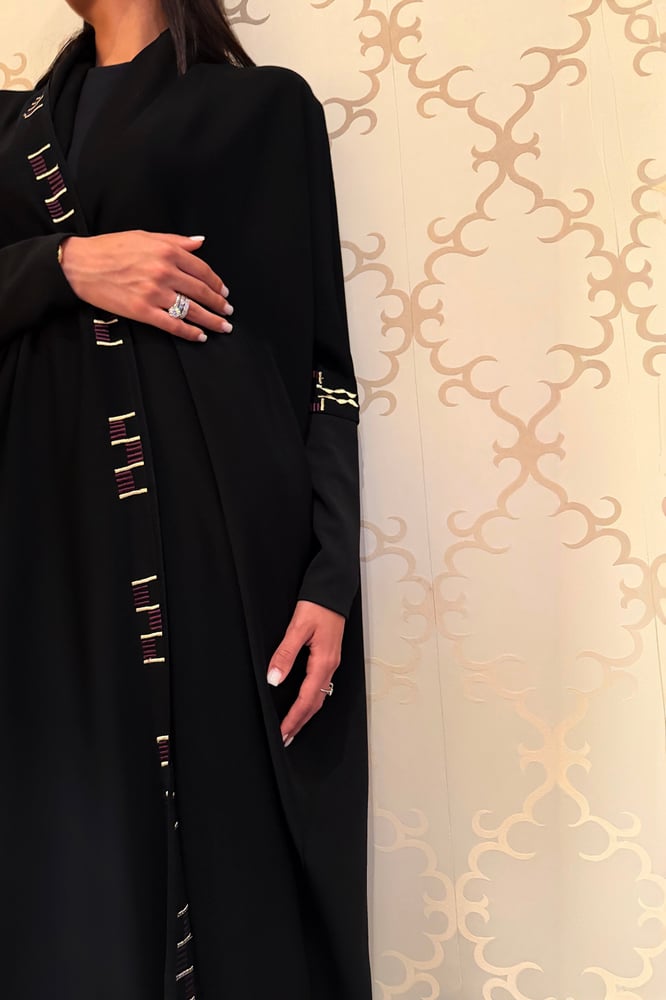 Half Bisht – Black with Stretch Sleeves & Burgundy Gold Zari