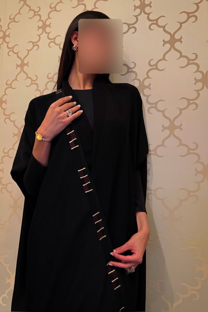 Half Bisht – Black with Stretch Sleeves & Burgundy Gold Zari