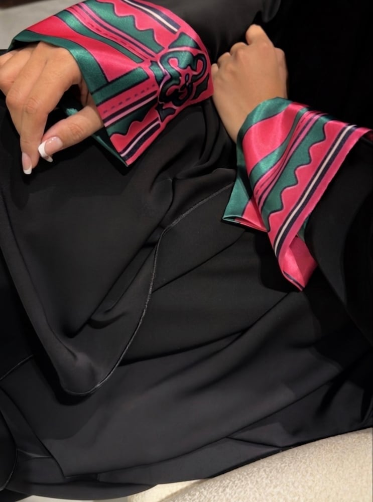 Half Bisht — Black Crepe with Fuchsia & Green Satin Sleeves
