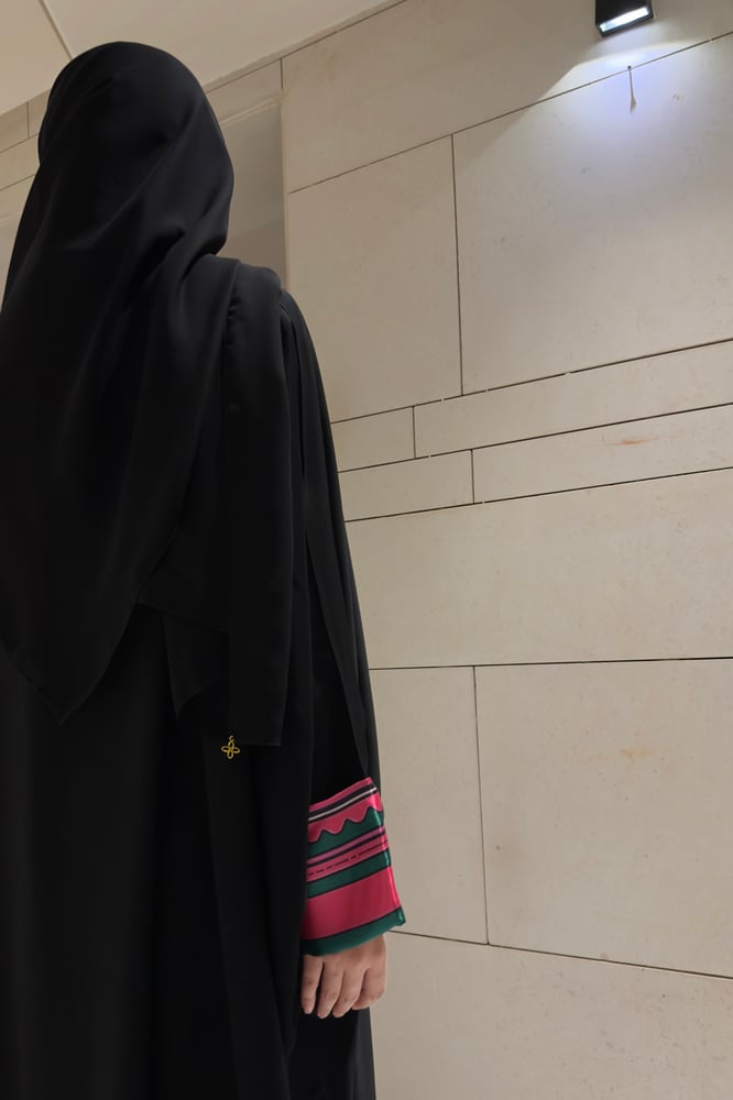 Half Bisht — Black Crepe with Fuchsia & Green Satin Sleeves