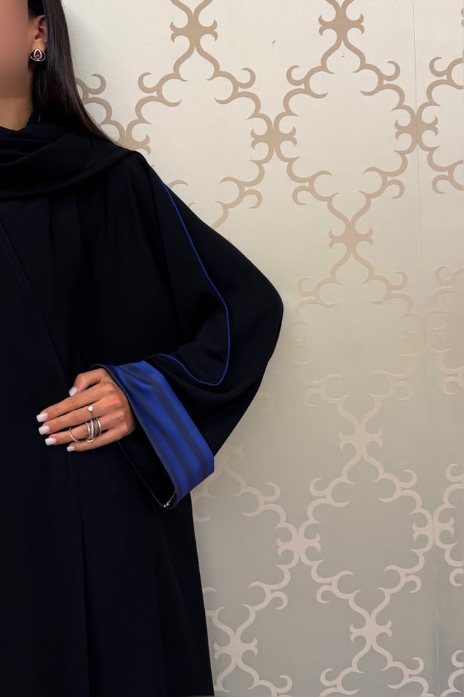 A-Line — Black Crepe with Shades of Blue Sleeve Hems