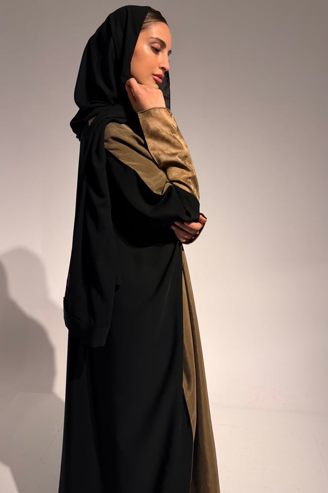 Half Bisht – Washed Japanese Silk in Olive Antique Gold with Black Crepe