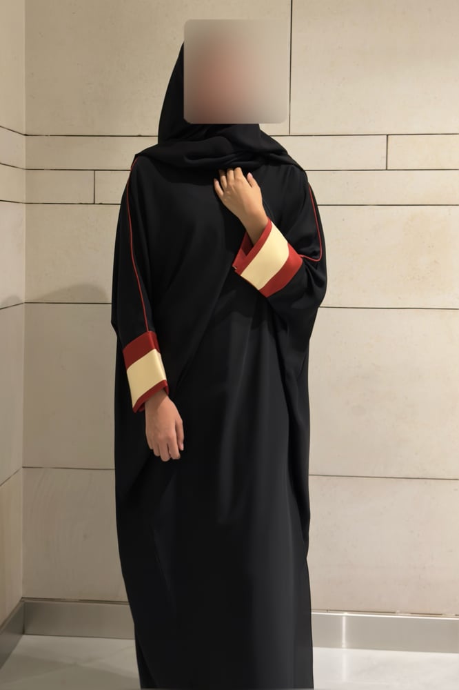 Half Bisht — Black Crepe with Deep Red and Butter Yellow