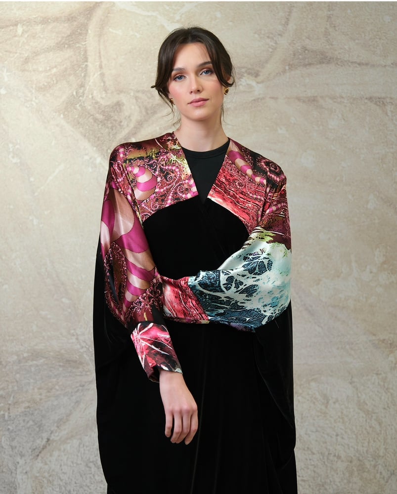 Bisht — Black Velvet with Pure Black Silk and Swirling Patterns