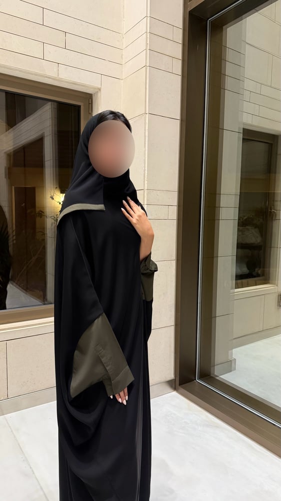 Black abaya with Olive Green circles cuffs
