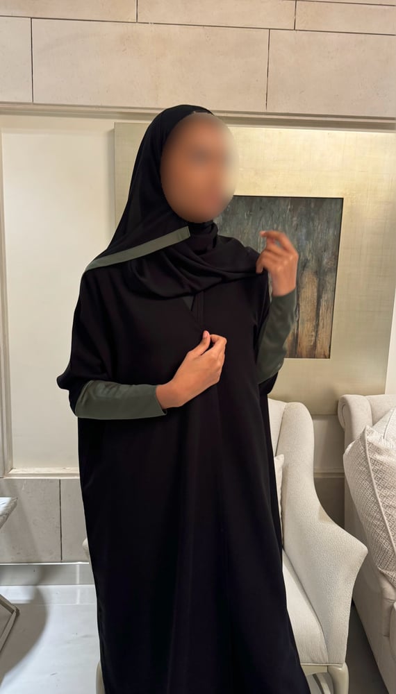 Black abaya with Oil- green stretch sleeves