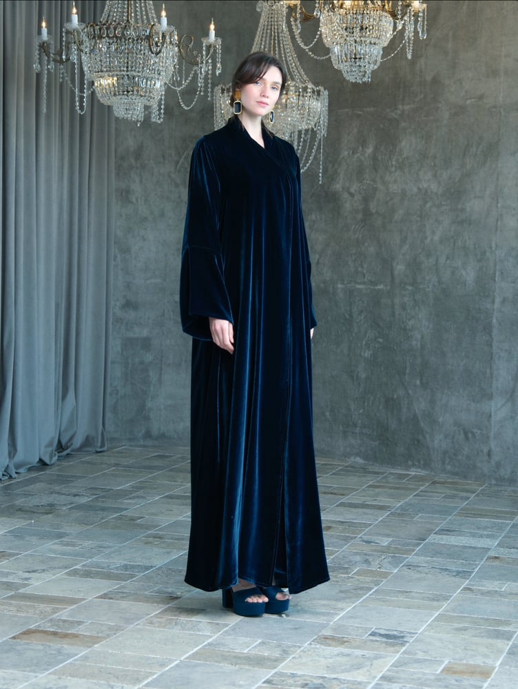 ‏A-Line- Turquoise French Silk velvet Abaya