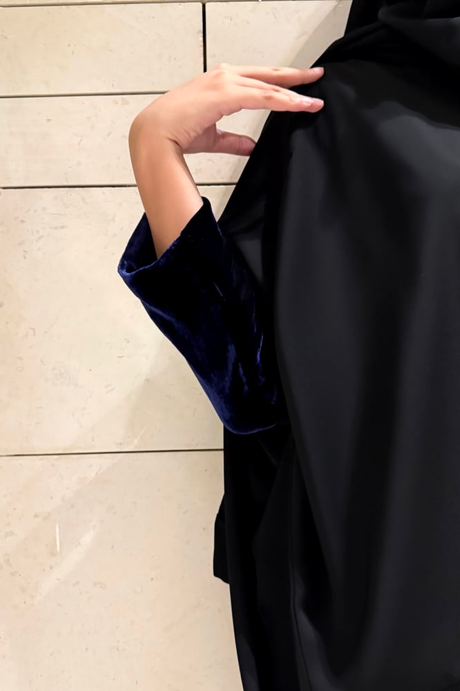 Half Bisht – Black Crepe with Royal Navy Japanese Silk Velvet
