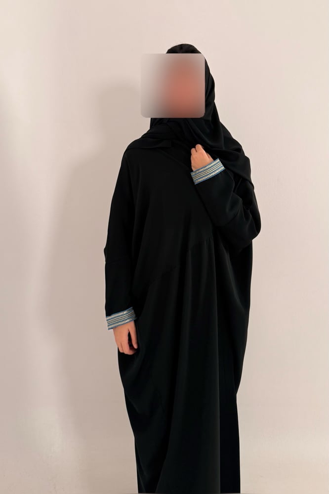 Half Bisht – Black Abaya with Silver and Sky-Blue Zari Trim