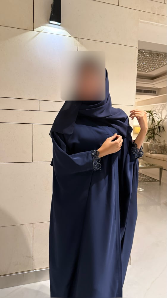 Bisht – Navy Crepe with Beaded Sleeves