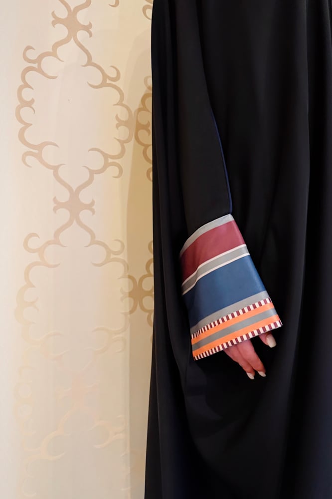 Half Bisht — Black Crepe with Multi-Color Satin Sleeves