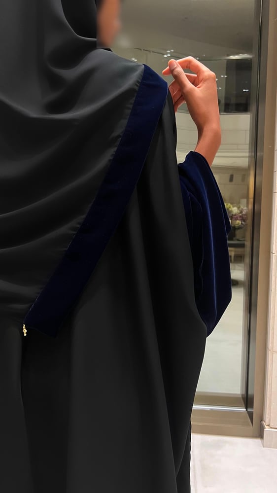 Black Crepe Bisht with Bell Sleeves Lined in Navy Velvet