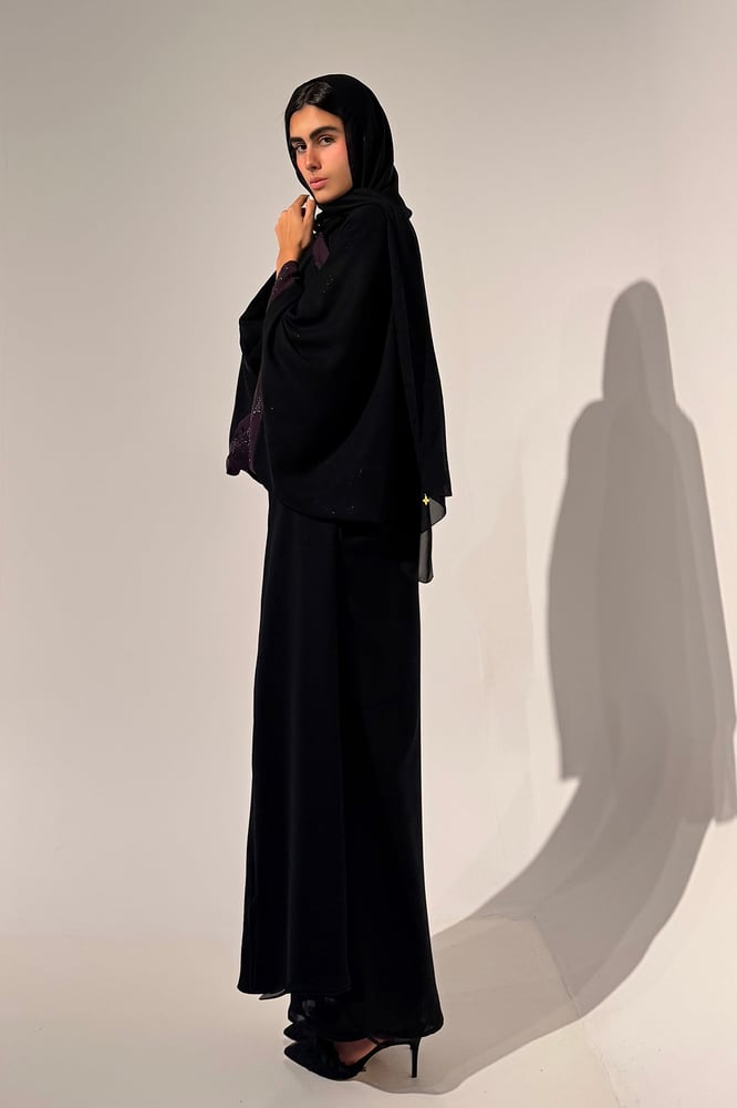 Half Bisht — Black Chiffon with Purple Zari Lining