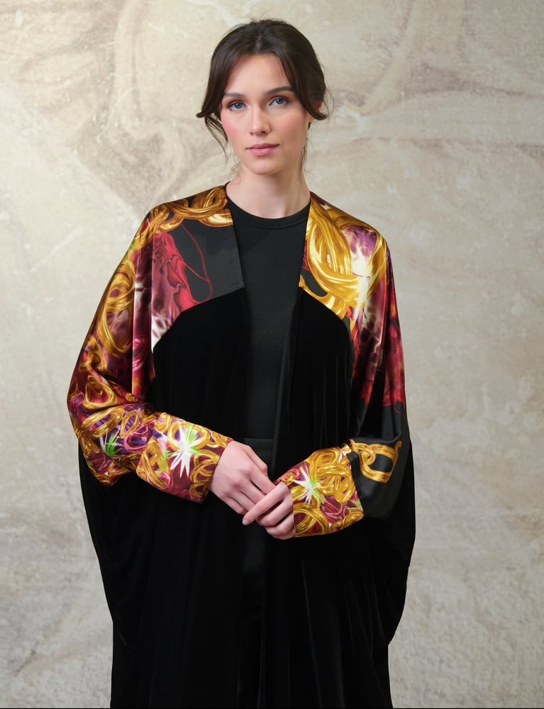 Bisht Black Velvet with Pure Black Golden Ring Prints Silk
