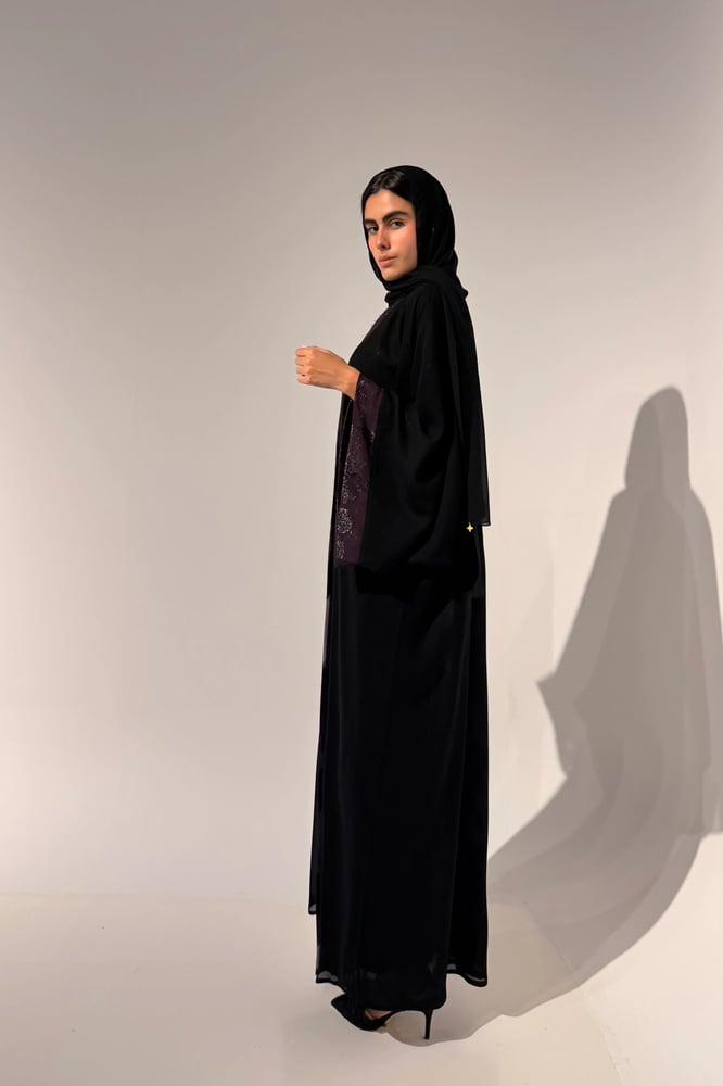 Half Bisht — Black Chiffon with Purple Zari Lining