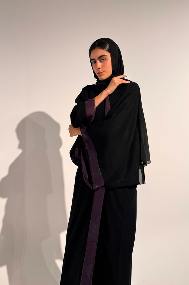 Half Bisht — Black Chiffon with Purple Zari Lining