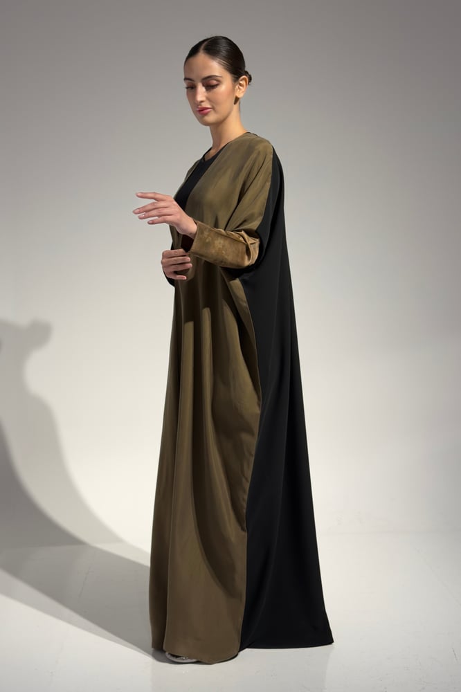 Half Bisht – Washed Japanese Silk in Olive Antique Gold with Black Crepe