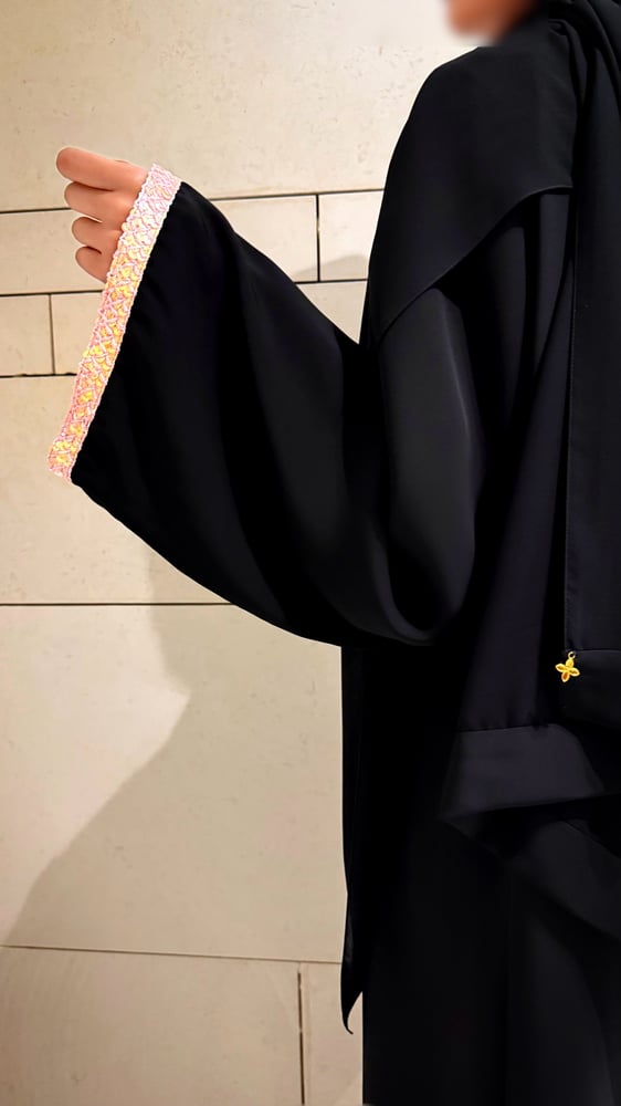 A line Black abaya with black and Pink Sequins trim