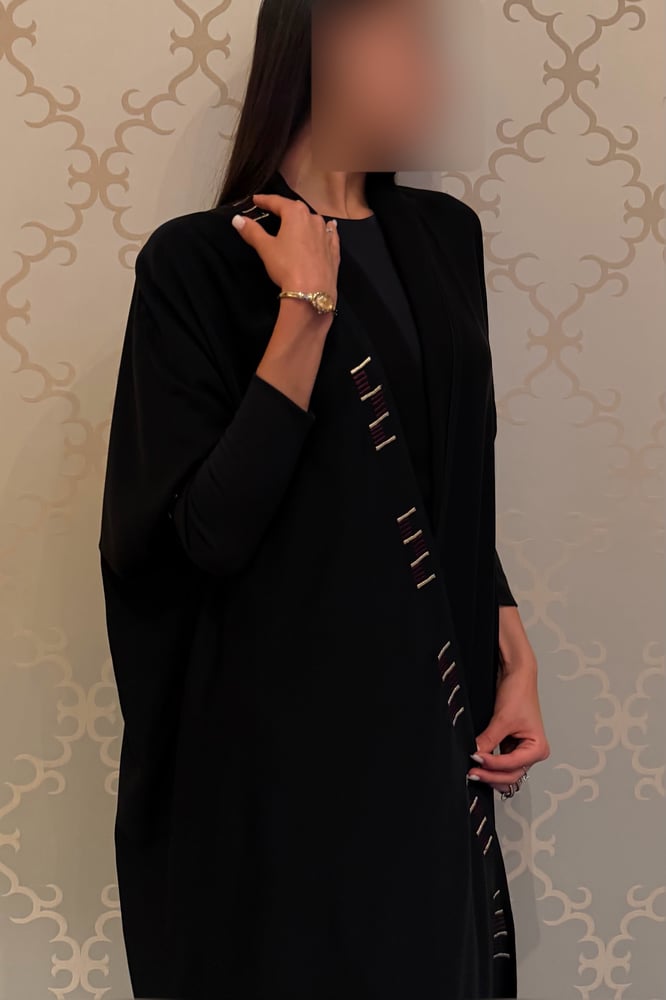 Half Bisht – Black with Stretch Sleeves & Burgundy Gold Zari