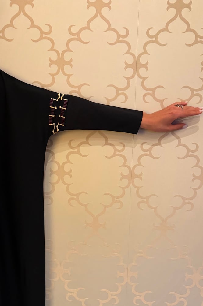 Half Bisht – Black with Stretch Sleeves & Burgundy Gold Zari