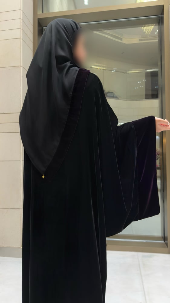 Black Velvet Bisht with extra-wide Purple sleeves