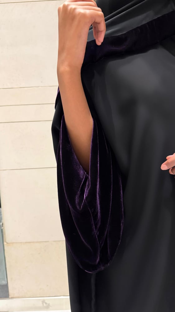 Black Crepe Bisht with Bell Sleeves Lined in Silk Purple Velvet
