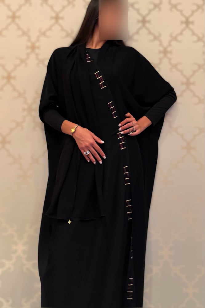 Half Bisht – Black with Stretch Sleeves & Burgundy Gold Zari